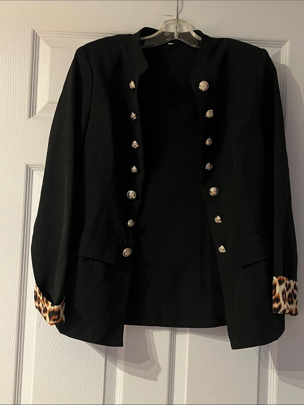 Women's Black Blazer with Gold Buttons and Leopard Trim